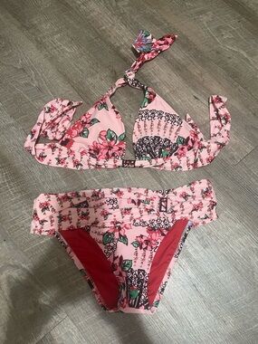 BECCA Pink Floral Bikini with Red Lining